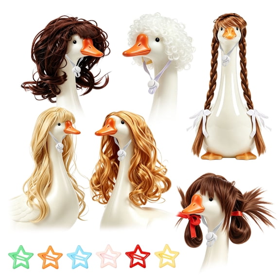 Toorise 6 Pcs Porch Goose Wig with Hair Clip and Adjustable Elastic Band Cute Lawn Goose Statue Wig for Outdoor Garden Patio Yard Goosey Decoration