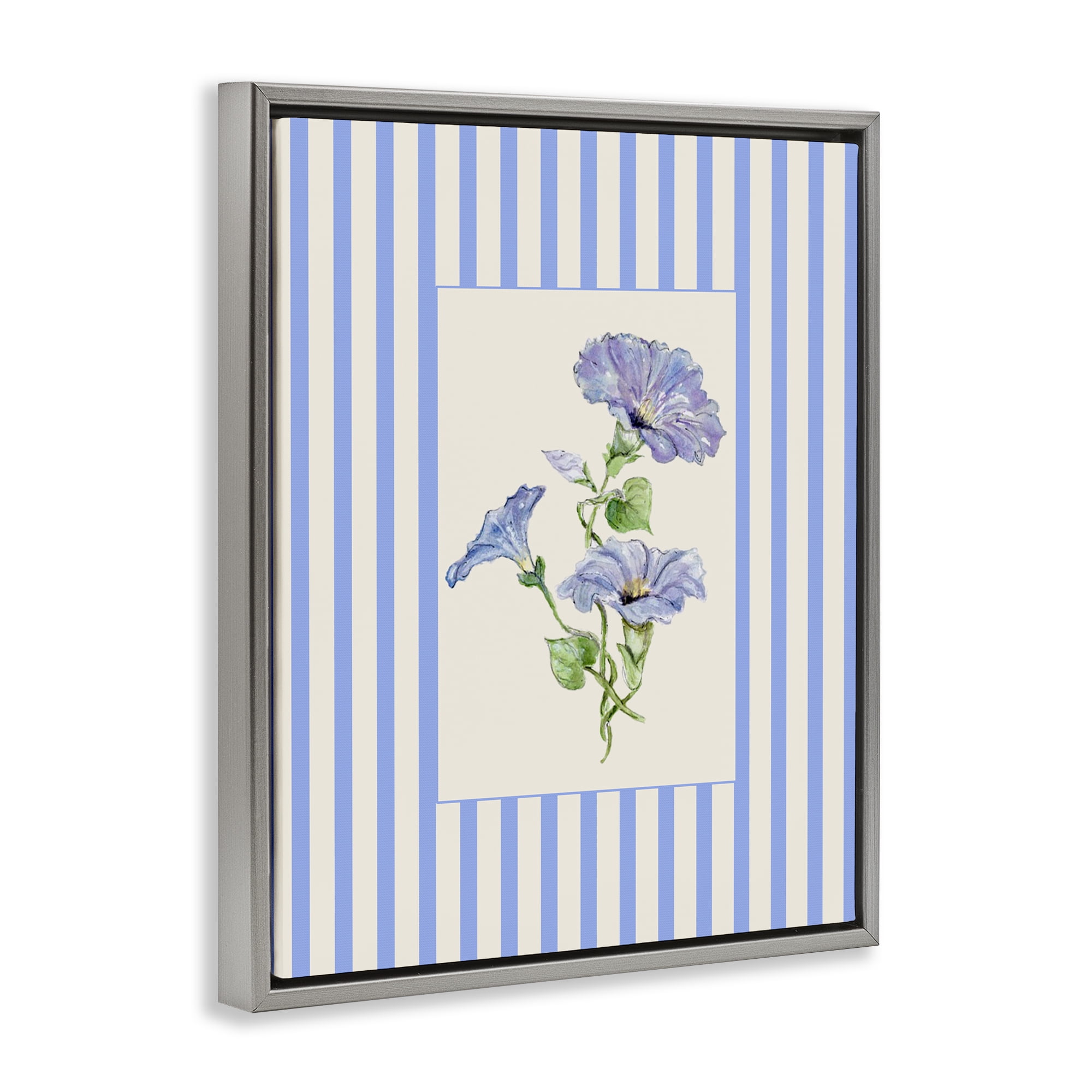 Blue Stripe Morning Glory Gray Framed Floater Canvas Wall Art, design by Lisa Wehmeyer