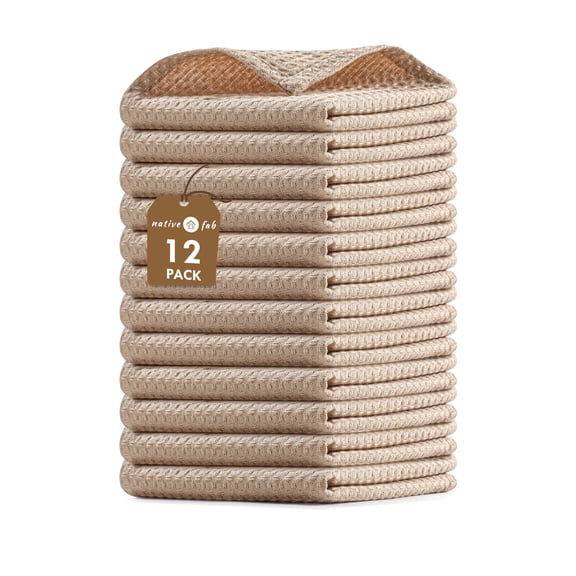 Native Fab Waffle Dishcloths, Set of 12, Cotton, 12x12 Beige