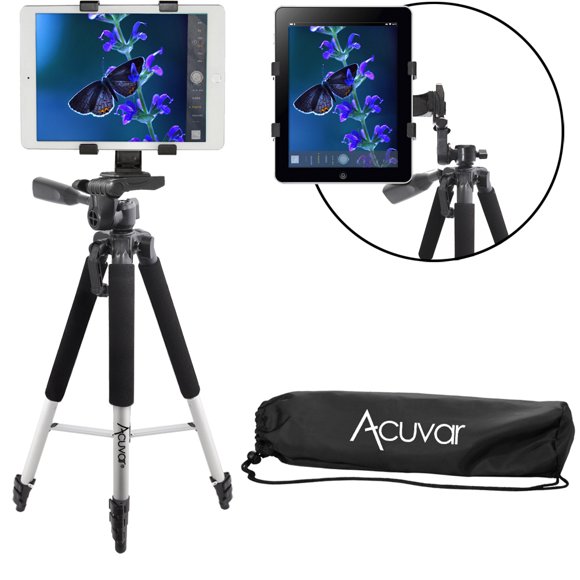 Acuvar Pro Series 57' Aluminum Tripod with Tablet Mount for iPad & Most Tablets, 3-Way Pan Head, 1 Count