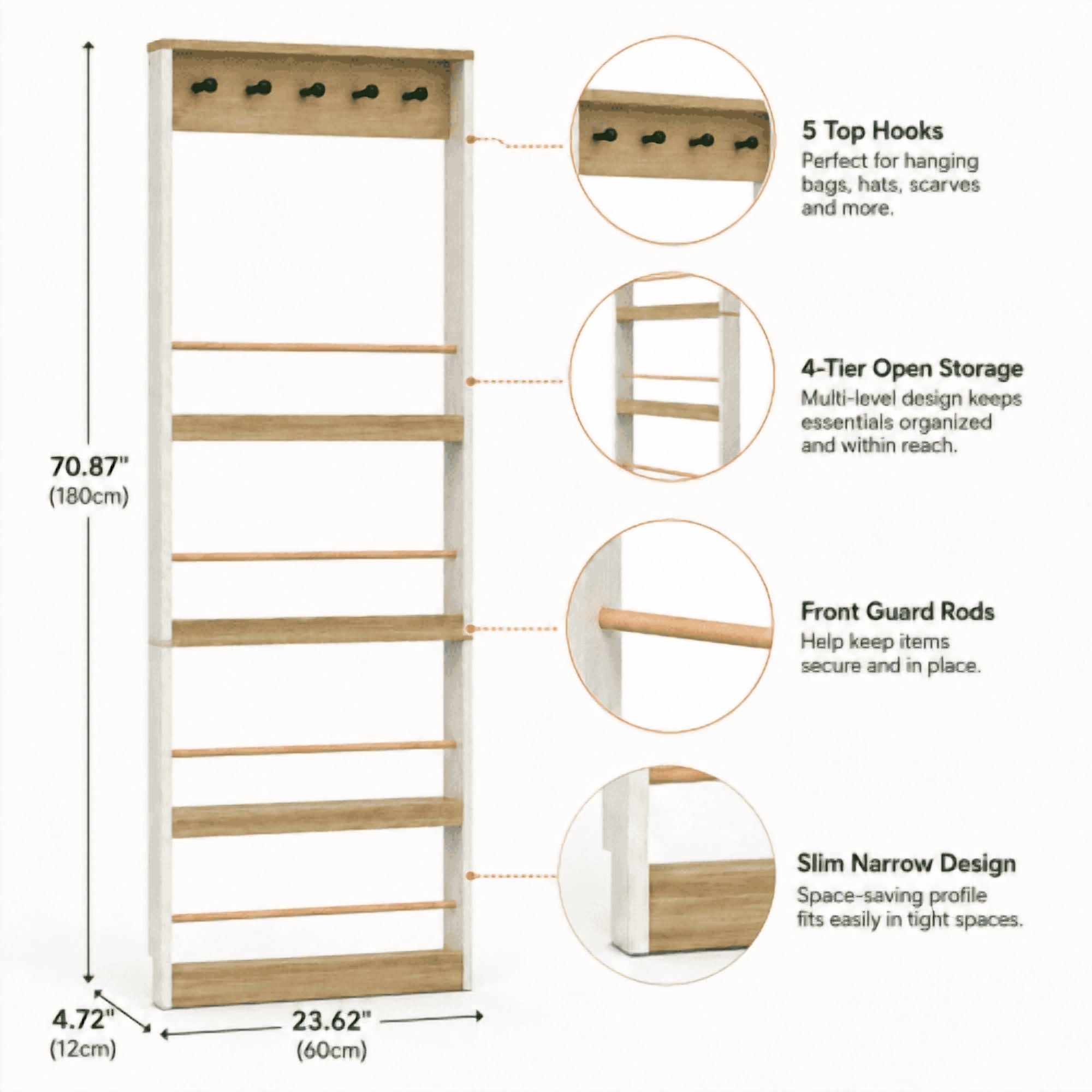 70.87" Tall Bookcase behind the Door with 4 Shelves and 5 Hooks, Space-Saving Narrow Storage Cabinet for Living Room, Bedroom, Hallway, Antique White