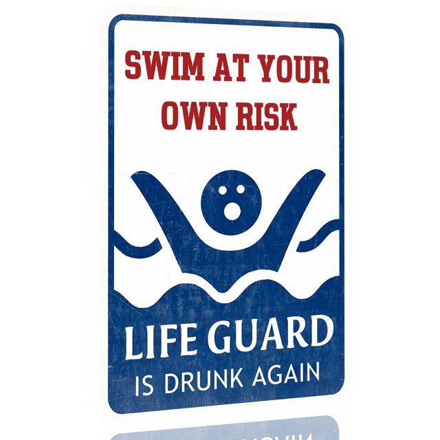 Cartel metálico Pool Decor Urnjkfo Swim At Own Risk de 30 x 20 cm