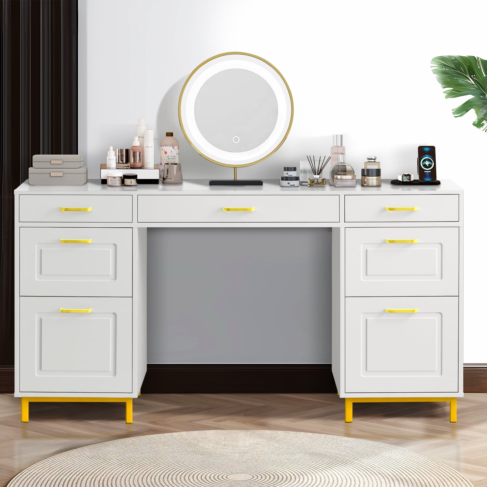 DreamCurship White Desk with 7 Drawers, White and Gold Desk with Storage,  57" Executive Desk with File Drawers, White