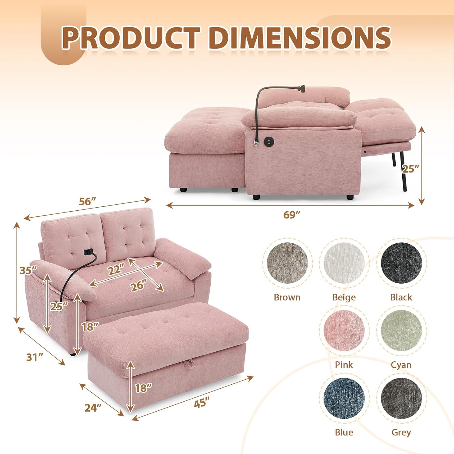 MOONMISS Oversized Chaise Lounge Chair Indoor with Ottoman&Adjustable Backrest,Chenille Tufted Recliner Sofa Chair with USB&Phone Holder,Convertible Sleeper Couch Bed for Living Room,Pink