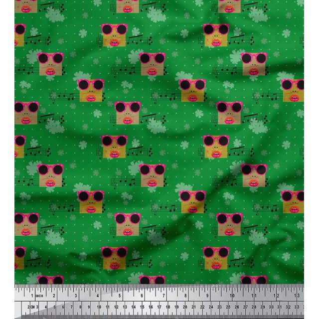 Soimoi Green Poly Georgette Fabric Musical Notes,Dot & Goggles Fashion Print Fabric by the Yard 42 Inch Wide