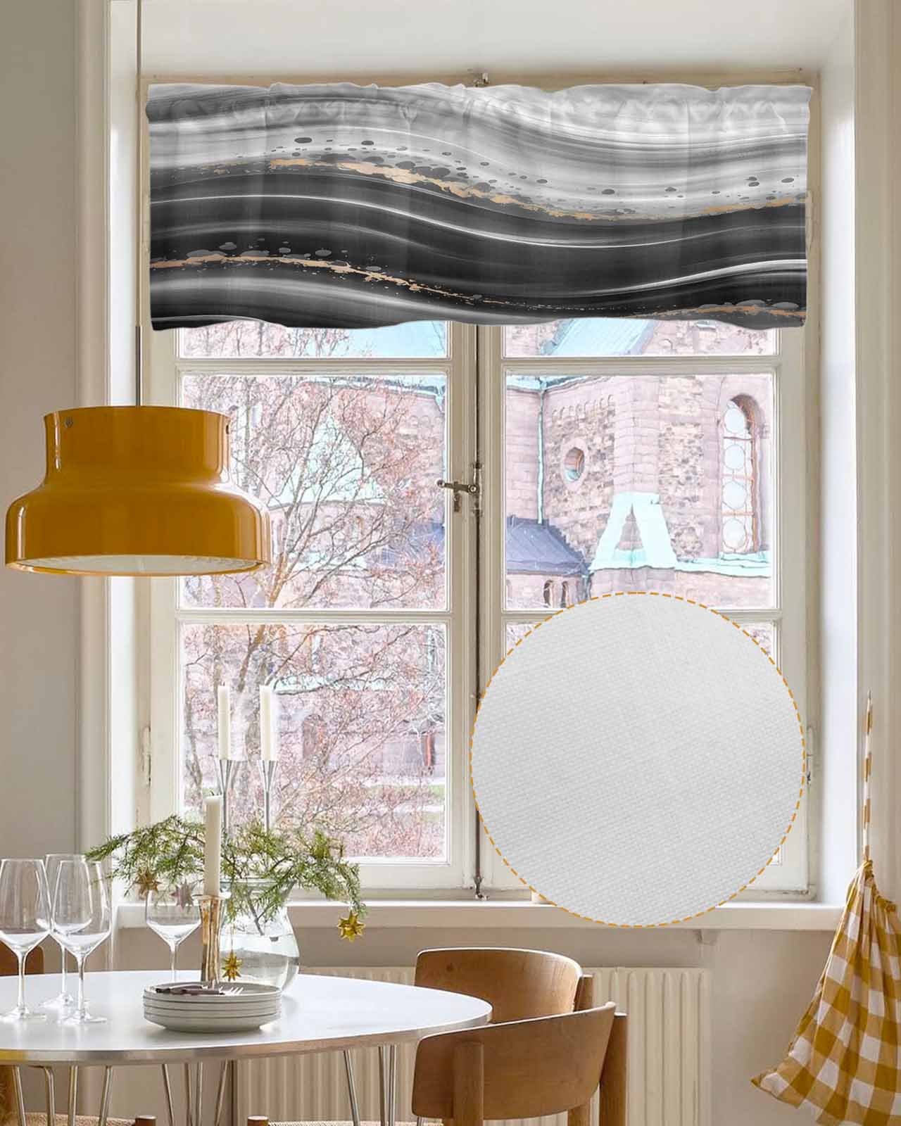 Marble Kitchen Valances for Windows Farmhouse Linen Window Valance Curtain for Living Room Window Treatment Black Grey Oil Painting Gradient Mottled Waves Valance Rod Pocket Topper, 42 x 18 Inch