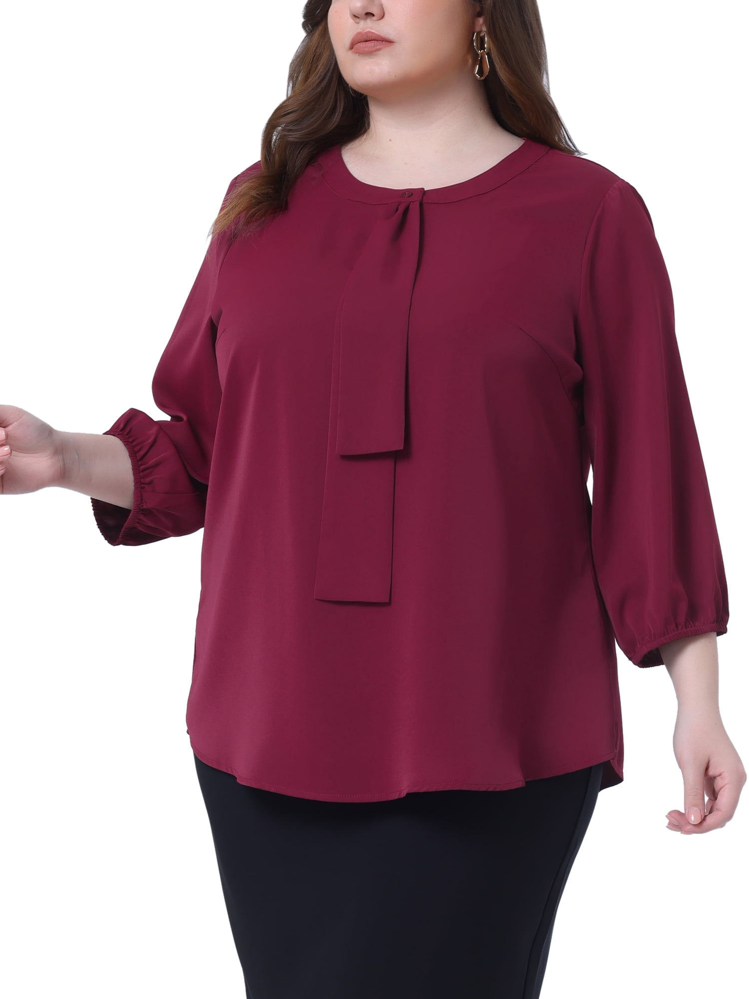 Agnes Orinda Women's Plus Size Tops Work Round Neck Ruffle