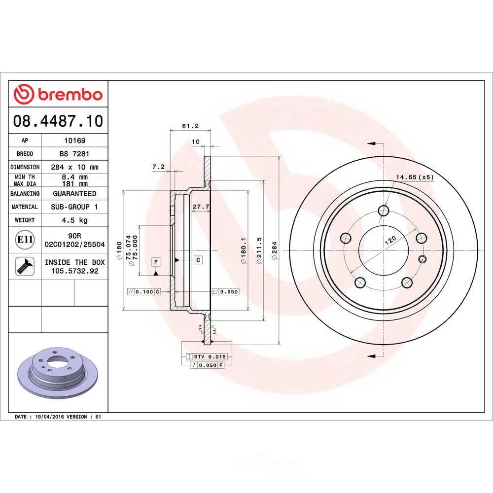 Brembo 08.4487.10 Disc Brake Rotor Fits select: 1988 BMW 528 E, 1987 BMW 535 I