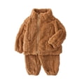 thumbnail image 3 of GobdXE Kids Textured Outfit Zip Up Stand Collar Jacket & Cuffed Pants Toddler Warm Loungewear Set 12-18 Months,Brown, 3 of 4