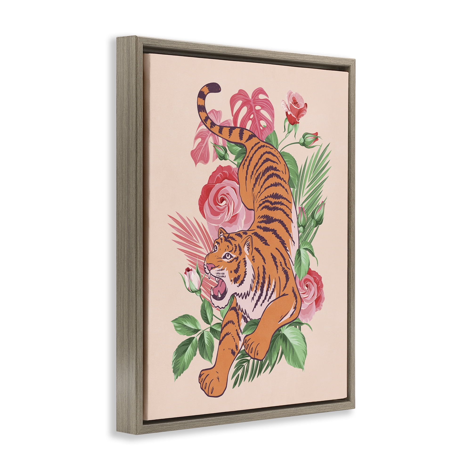 Stupell Industries Tiger & Tropical Roses Animals Painting Brown Floater Framed Canvas Art Print Wall Art, 25 x 31