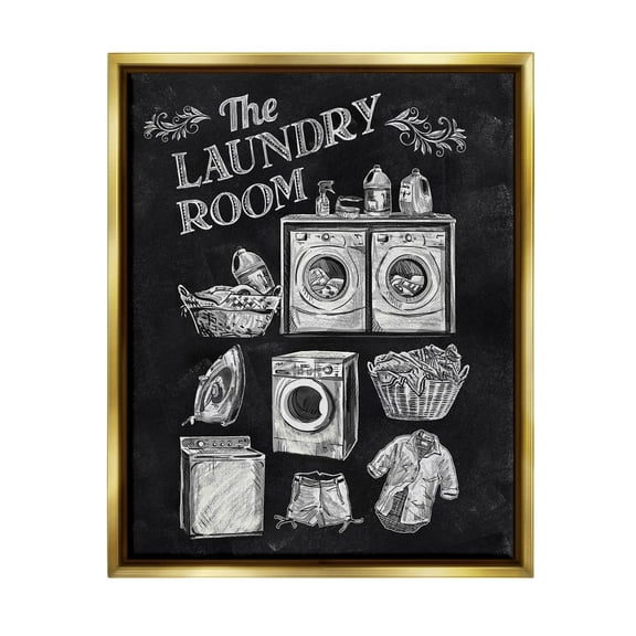 Laundry Room Vintage Drawings Typography Graphic Art Metallic Gold Framed Art Print Wall Art