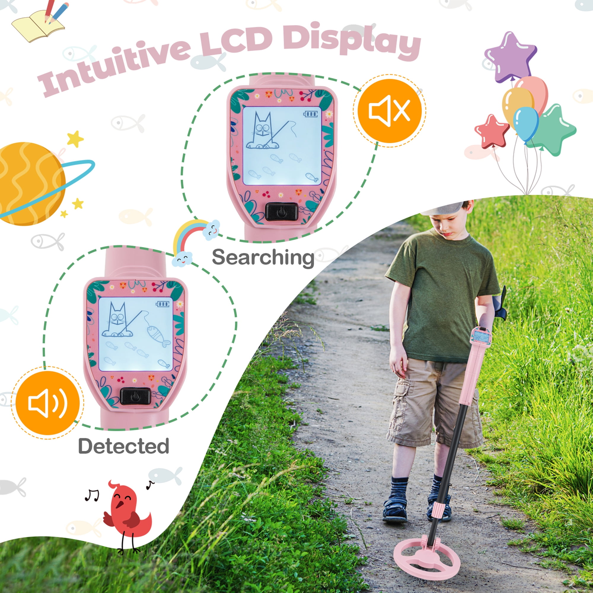 Gymax 24.5''-33.5'' Metal Detector for Kids with LCD Display IP68 Waterproof Pink