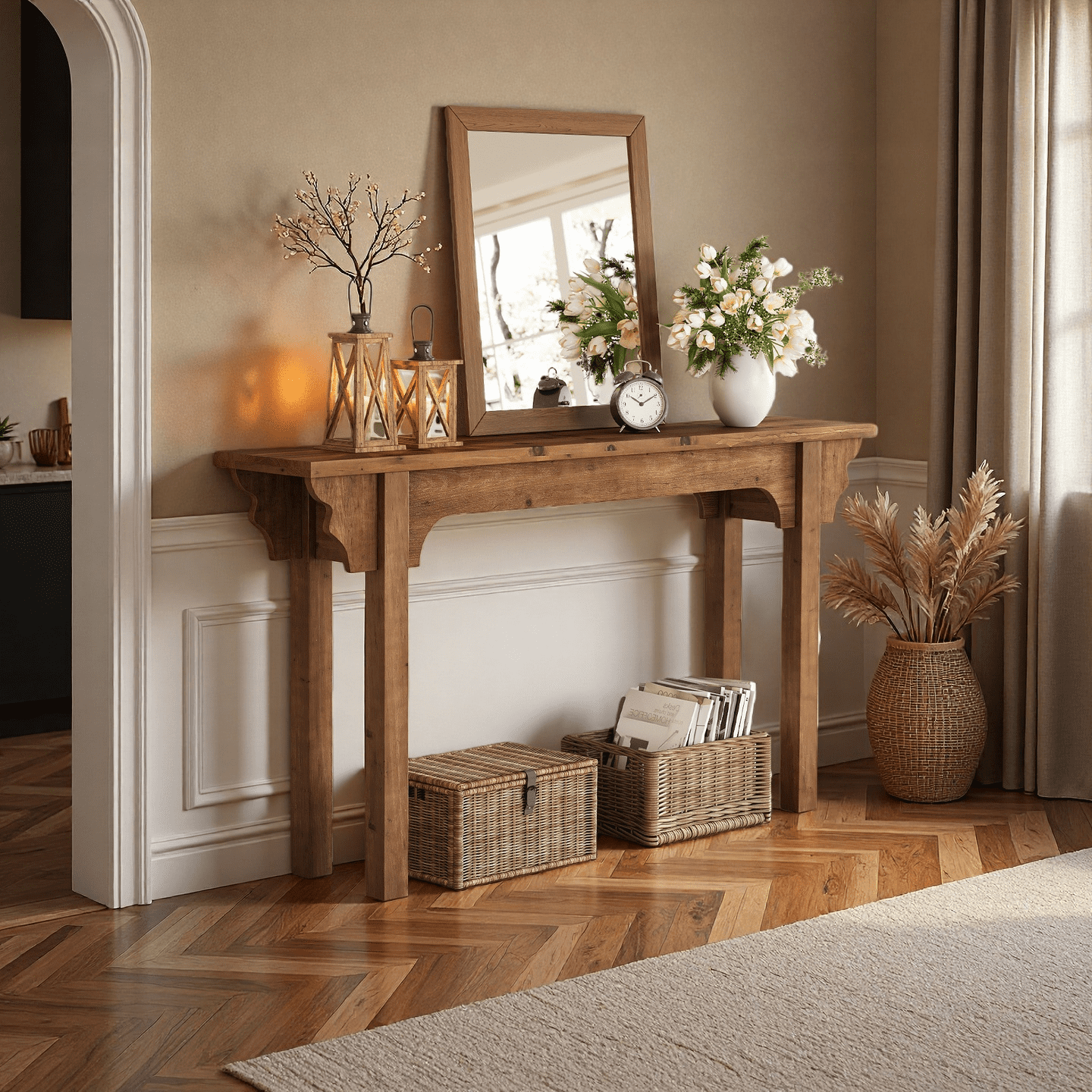 Finmind 63" Solid Wood Entryway Table, Mid-Century Modern Console Table for Living Room, Entrance, Hallway & Foyer