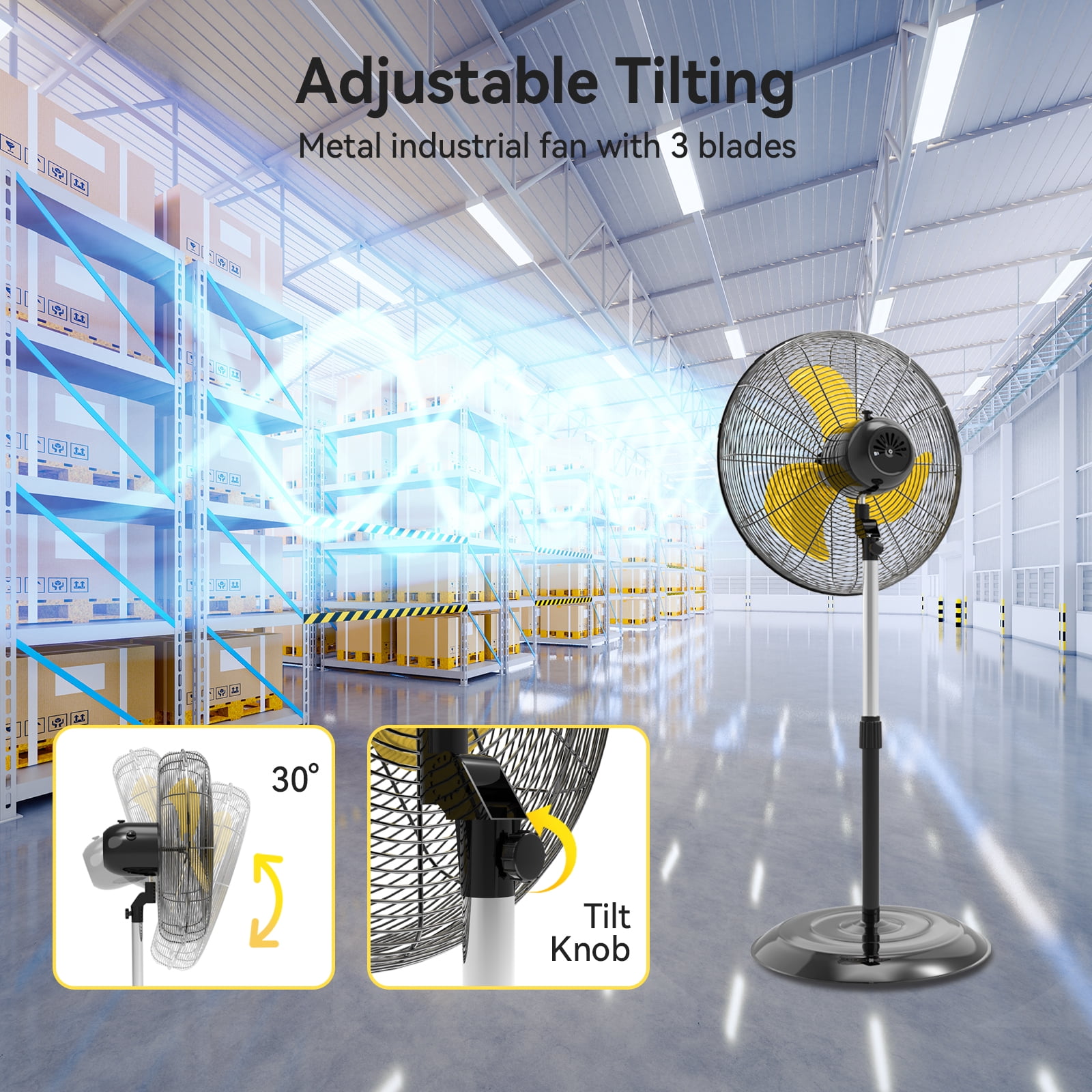 20" High Velocity Industrial Fan, 3-Speed Professional Standing Fan, for Commercial, Warehouse, Garage, UL Listed