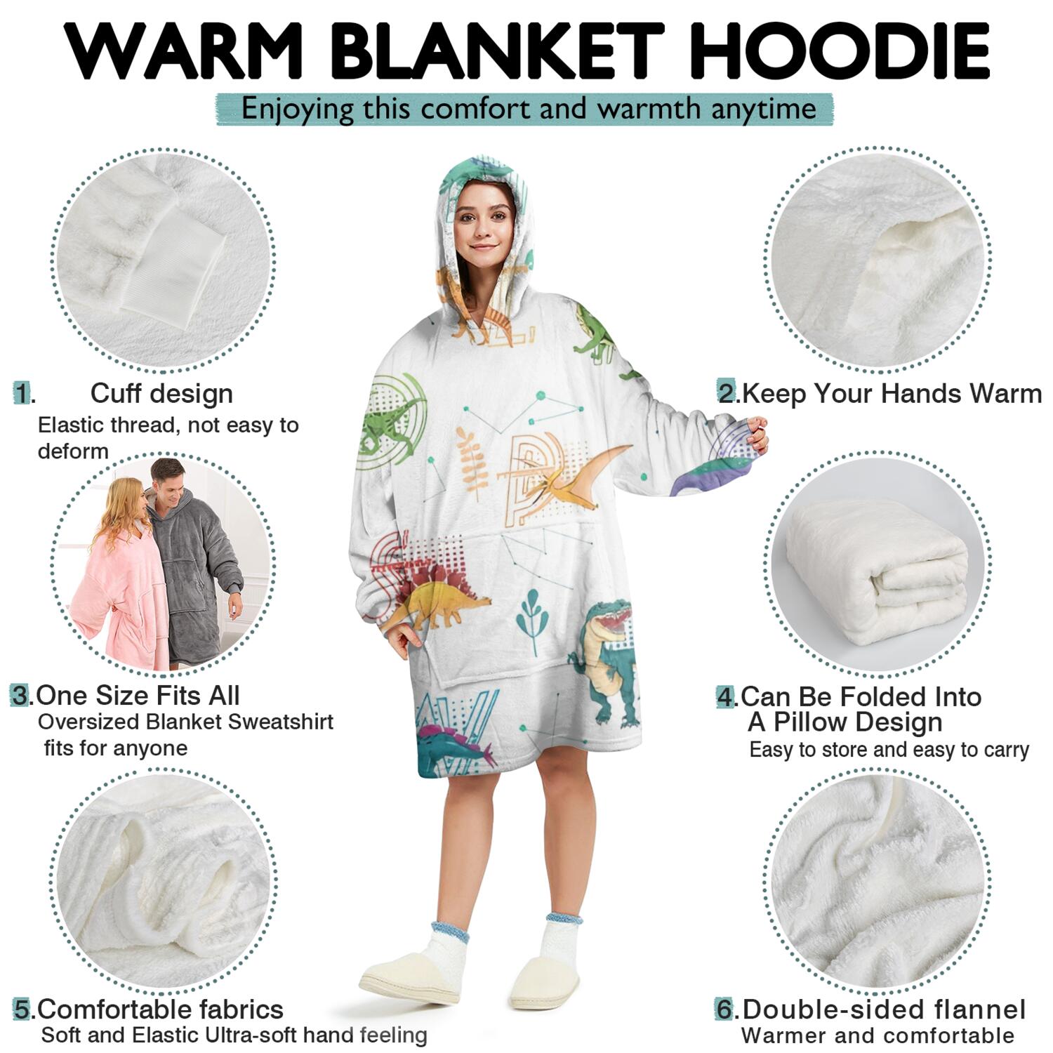 Wearable Oversized Blanket,Alphabet Dinosaur Names Chart Pattern Wearable Blanket Hoodie for Adults,Cozy Hooded Blankets with Super Pockets,Super Warm Fuzzy Pullover for Women & Men