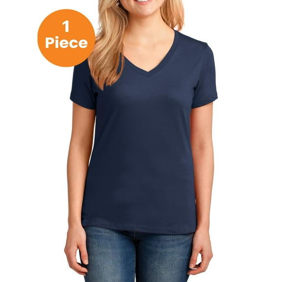 Port & Company LPC54V Ladies Core Cotton V-Neck Tee, Navy, XS, Womens Clothing, Womens Tops