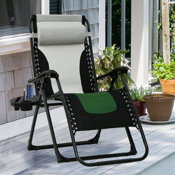 Oversized Zero Gravity Chair XL Folding Lounge Chair Lawn Chair Adjustable Camping Reclining Chair w/Pillow and Cup Holder Tray, 330 lbs Capacity (1 Pack, Green)