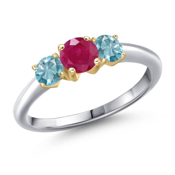 Gem Stone King 10K Two Tone Gold Red Ruby and Blue Zircon Engagement Ring for Women | 1.55 Cttw | Round 5MM | Gemstone July Birthstone | Size 5