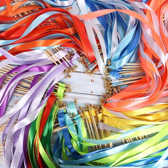 KONTONTY 30Pcs Ribbon Fairy Wands Multi Color Streamer Sticks with Smooth Wooden Handles for Events