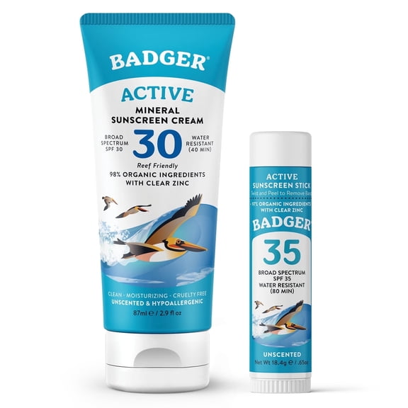 Badger Mineral Sunscreen SPF 30 Cream & SPF 35 Face Stick, 2 Pack