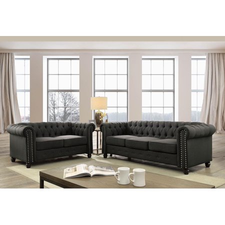 Traditional Gray Linen-like Fabric Sofa and Loveseat FOA Winifred