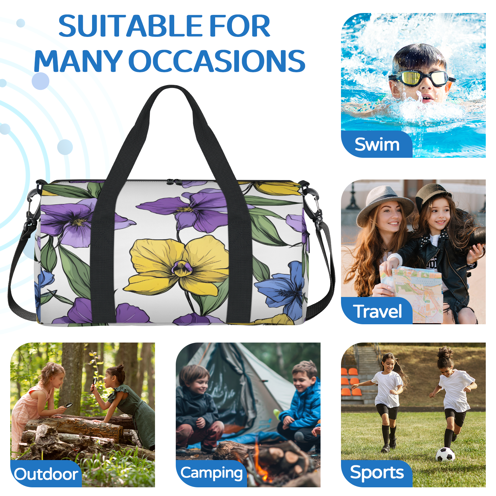 Herdesigns Floral Travel Duffle Bag Sports Yoga Weekender Overnight Carry on Workout Bags Lightweight Waterproof Gym Tote Bag for Women Colorful Floral