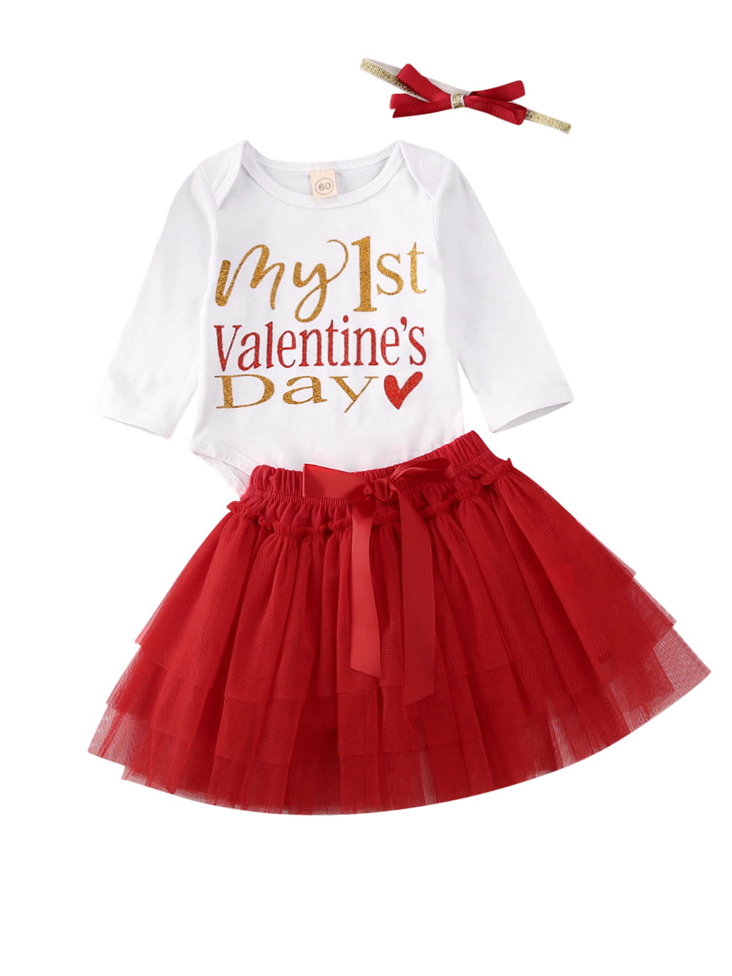 Valentine Baby Girl Pink Sparkle Sequin Bodysuit Pink Skirt Heart Bow NB-18Month
