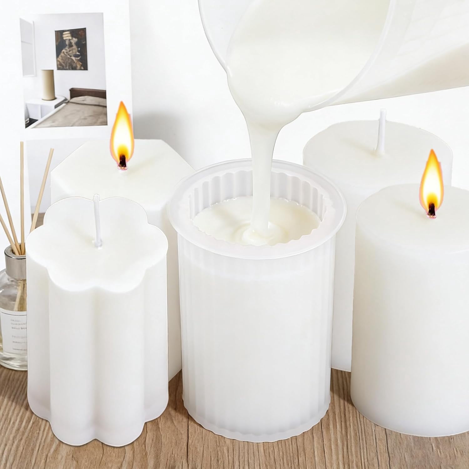 Silicone Candle Molds, Multiple Shape 3D Cylinder Hexagon Heart Flower Cylinder Molds for Candle Making, Reusable Easy Release Silicone Molds for DIY Handmade Aromatherapy Candles, Soap, Resin Crafts