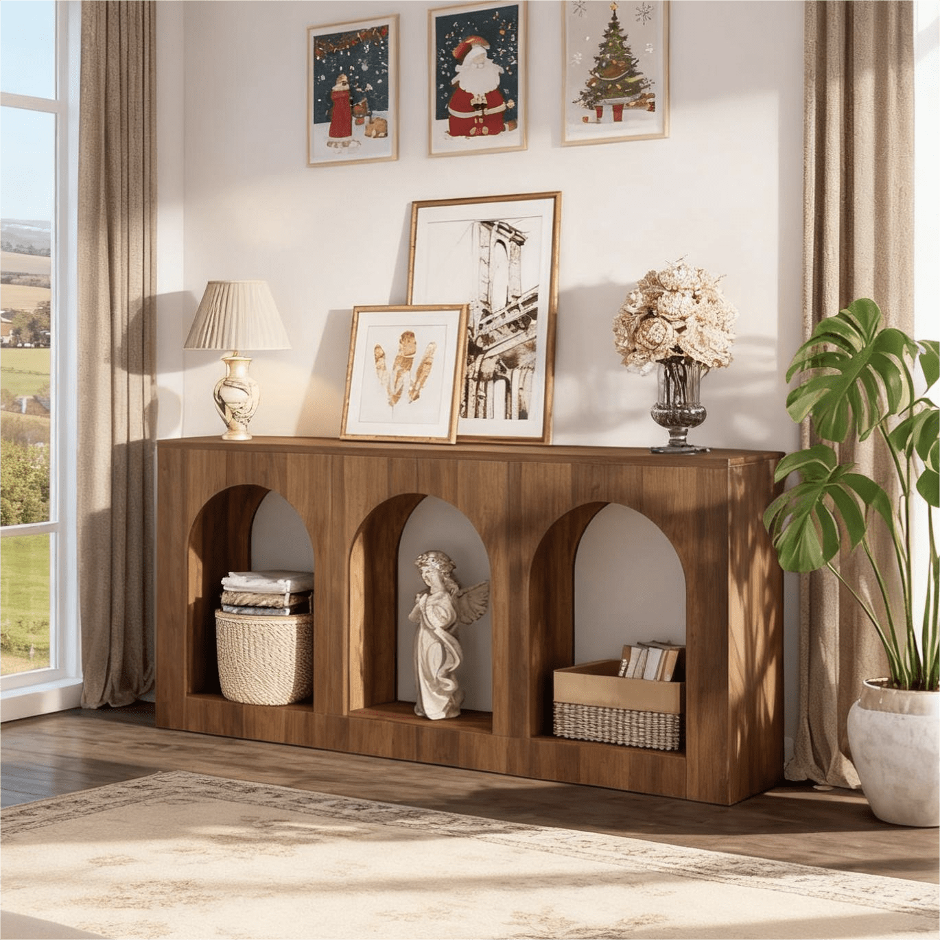 Fnova 70.9" Farmhouse Console Table, Narrow Long Sofa Table with 3 Arched Storage Shelves, Wood Entryway Table for Foyer, Hallway, Living Room, Behind Couch