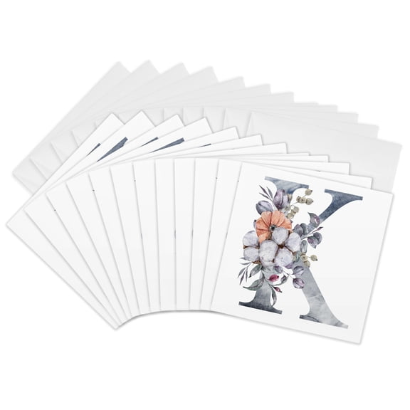 3drose, Pretty Orange, Pink and Gray Floral Monogram Initial K, 12 Greeting Cards with Envelopes
