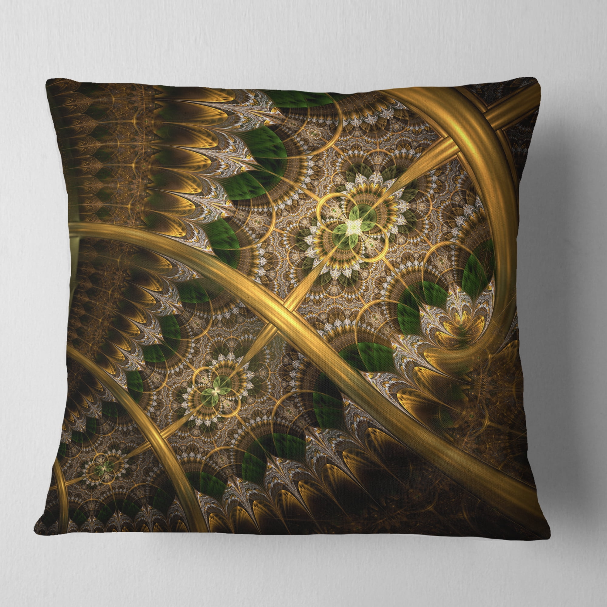 Designart Dark Green Gold Fractal Flower - Abstract Throw Pillow - 18x18