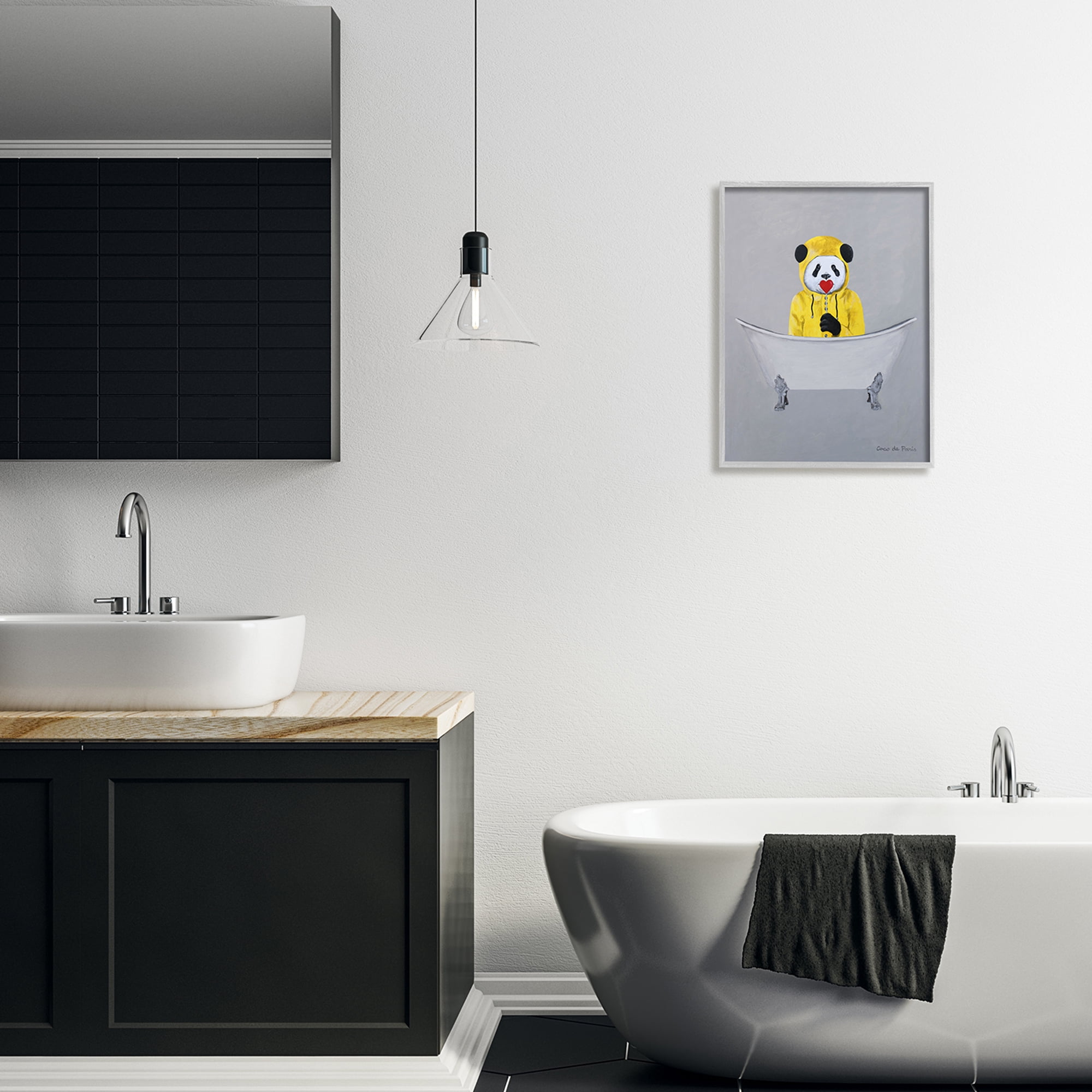 Stupell Industries Panda Yellow Raincoat Red Heart Claw Foot Tub, 16 x 20, Design by Coco de Paris