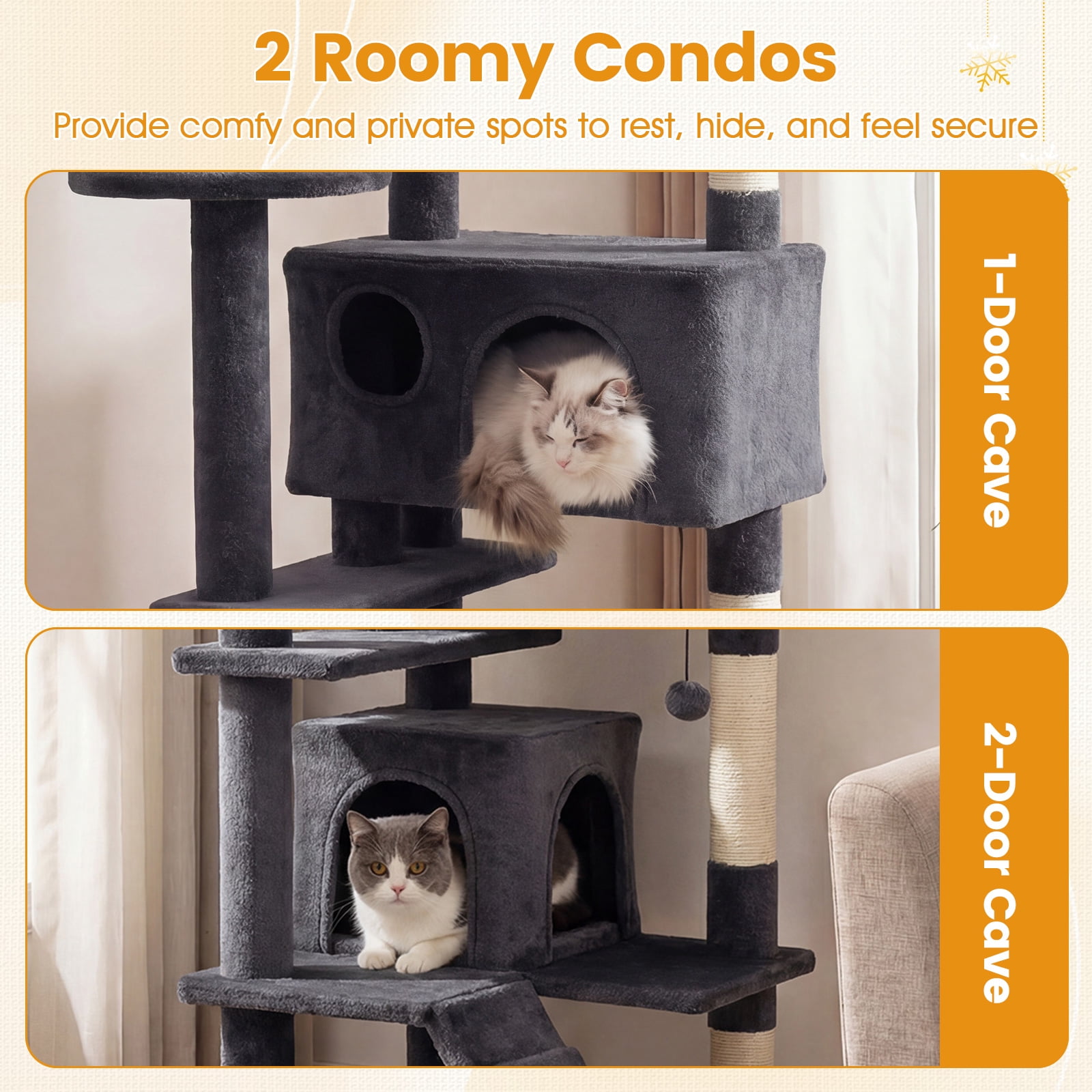 Gymax 52'' Tall Cat Tree Tower w/2 Condos Plush Padded Perch Sisal Scratching Posts Dark Gray
