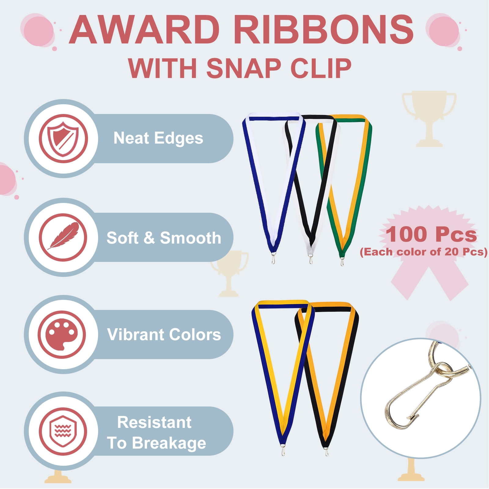 Uxcell Award Neck Ribbons with Snap Clips Polyester Medal Blank Lanyards for Competitions 5 Color 100 Pack