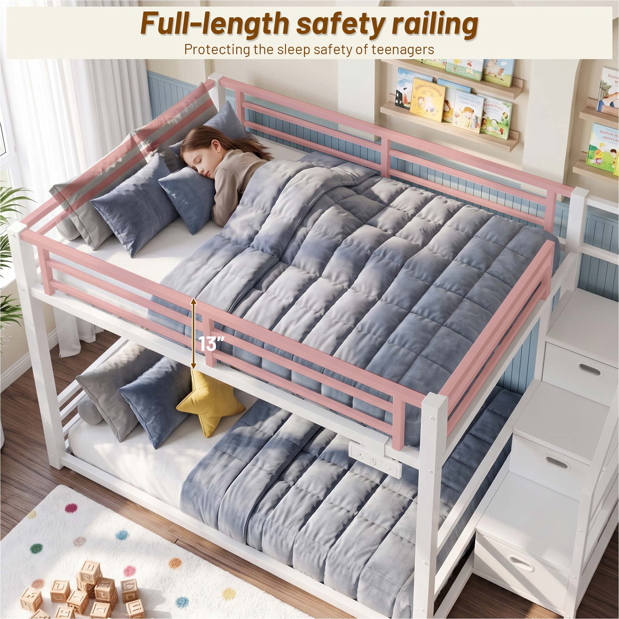 Miniyam Full Over Full Bunk Bed with Storage Stairs, Movable Charging Station and LED Lights, White