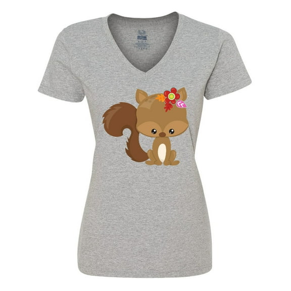 Inktastic Cute Squirrel, Squirrel With Flowers, Fluffy Tail Women's V-Neck T-Shirt
