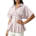 thumbnail image 2 of SSZMDLB Women Collared Short Sleeve Button Down Pleated Peplum Top Casual Blouse Solid Basic Shirt Office Outfits Summer Work Tops, Red L, 2 of 6