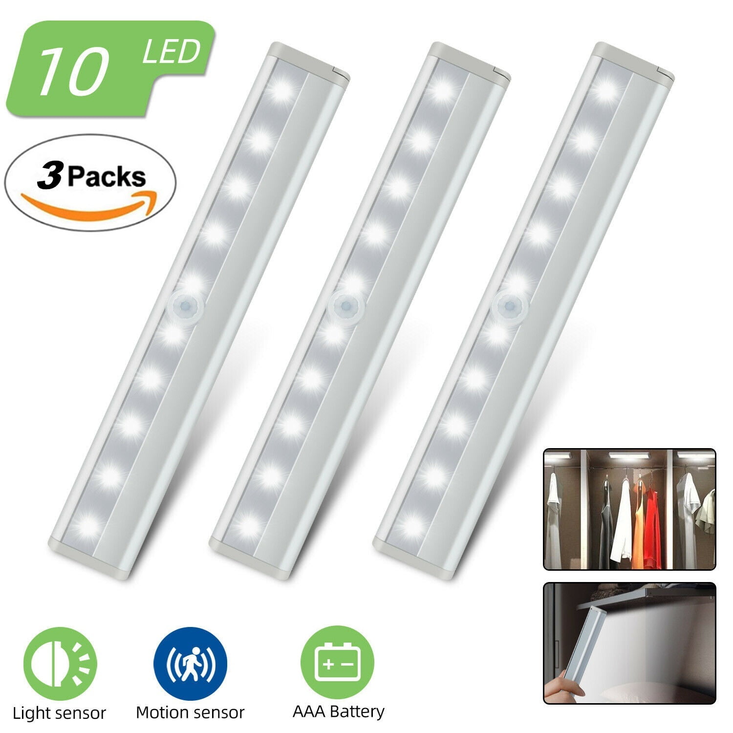 10 LED Motion Sensor Closet Wireless Night Light Cabinet Wardrobe Kitchen Lamp 