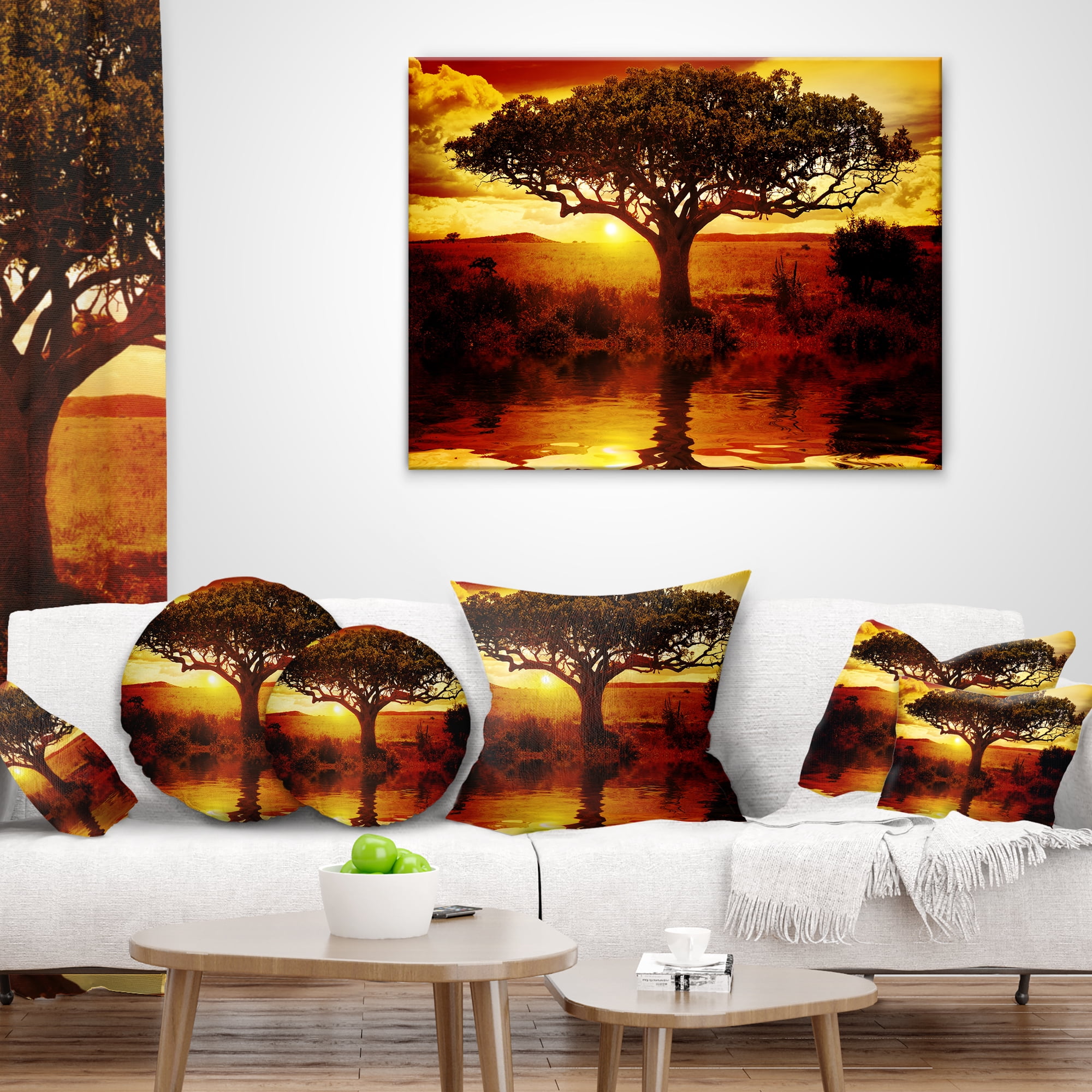 Designart Lonely Tree in African Sunset - African Landscape Printed Throw Pillow - 18x18