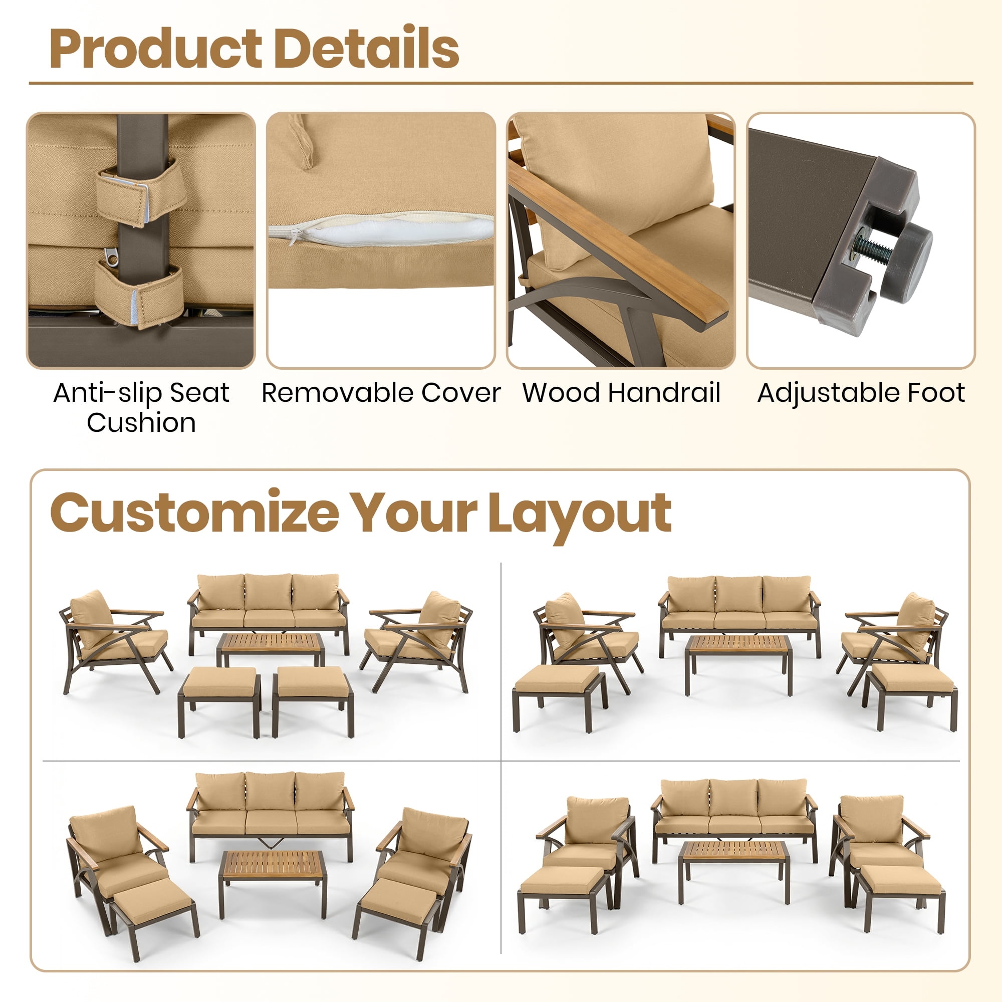 Complete 6-Piece Outdoor Patio Furniture Set with Steel Frame Sofa, 3-Seat Couch, 2 Armchairs, 2 Ottomans and Acacia Wood Coffee Table, Cushions for Backyard Garden, Brown