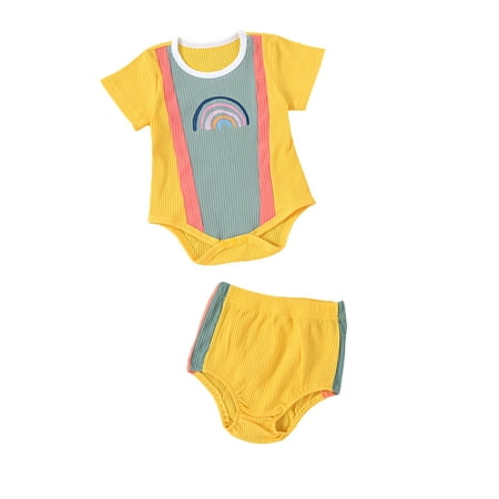 

One opening 2Pcs Baby Summer Tracksuits Match Color Rainbow Romper + Shorts