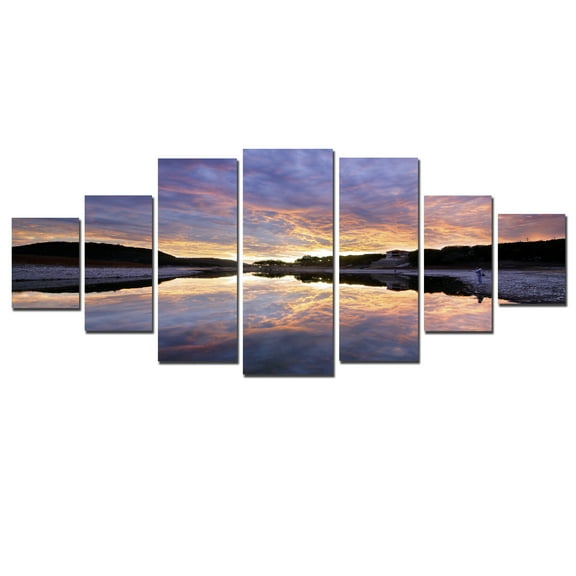 Startonight Huge Canvas Wall Art Purple Sunrise Over Water, USA Large Home Decor, Dual View Surprise Artwork Modern Framed Wall Art Set of 7 Panels Total 39.37 x 94.49 inch