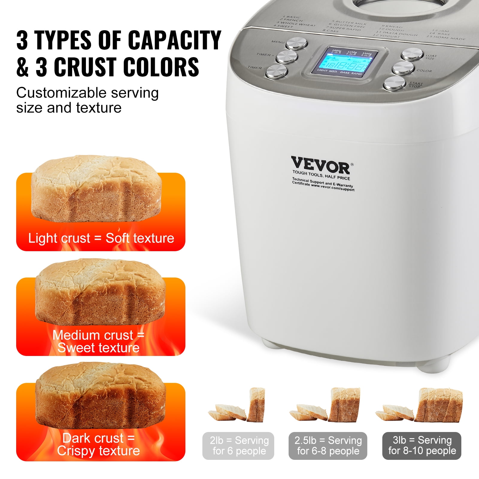 KFFKFF 3LB 15-in-1 Bread Maker Automatic Compact Dough Machine Nonstick White