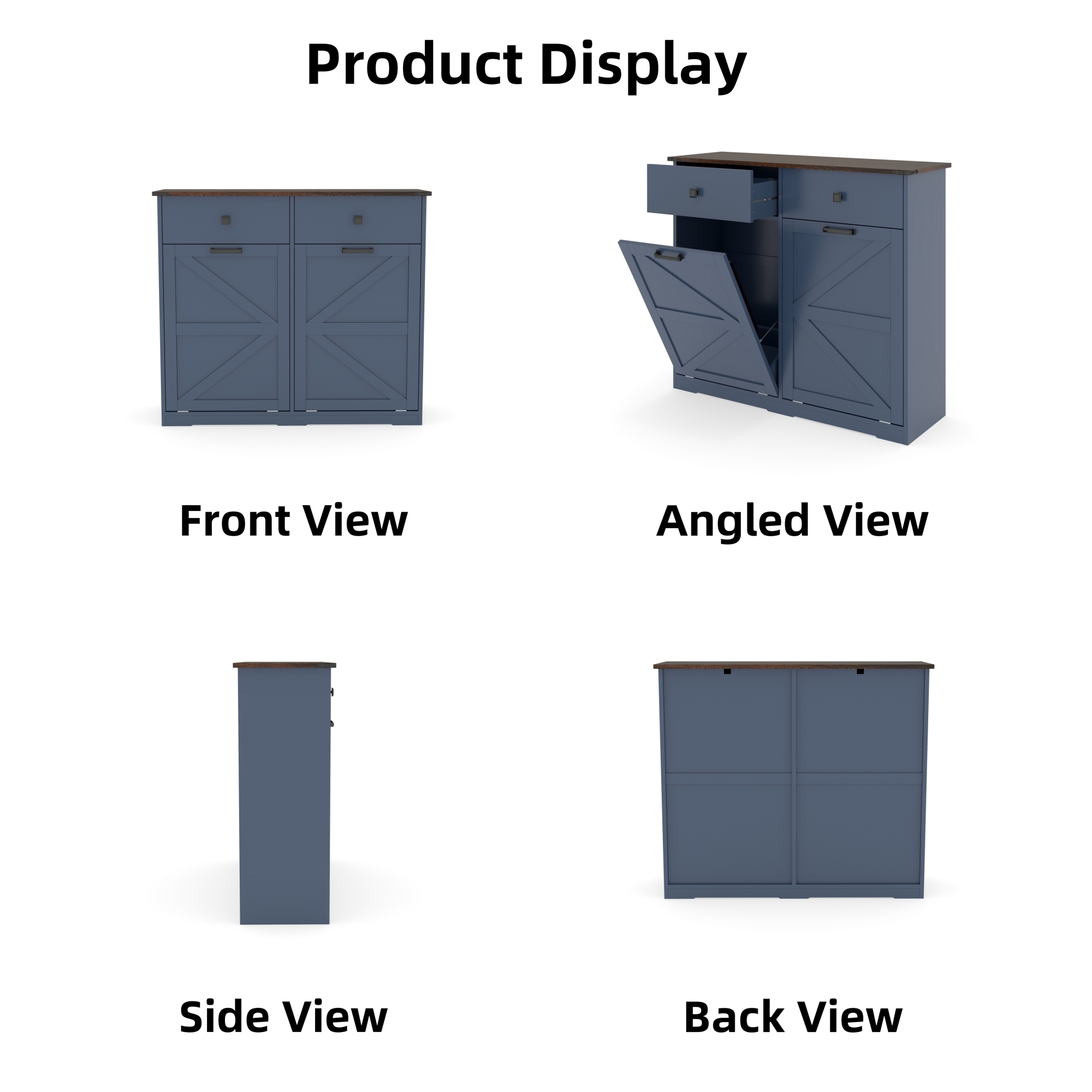 Leumius 20 Gallon Farmhouse Double Tilt Out Trash Cabinet, Free Standing Recycling Cabinet with Hideaway Drawer, Barn Door Style Laundry Sorter Cabinet, Tilt Out Trash Cabinet for Kitchen Blue