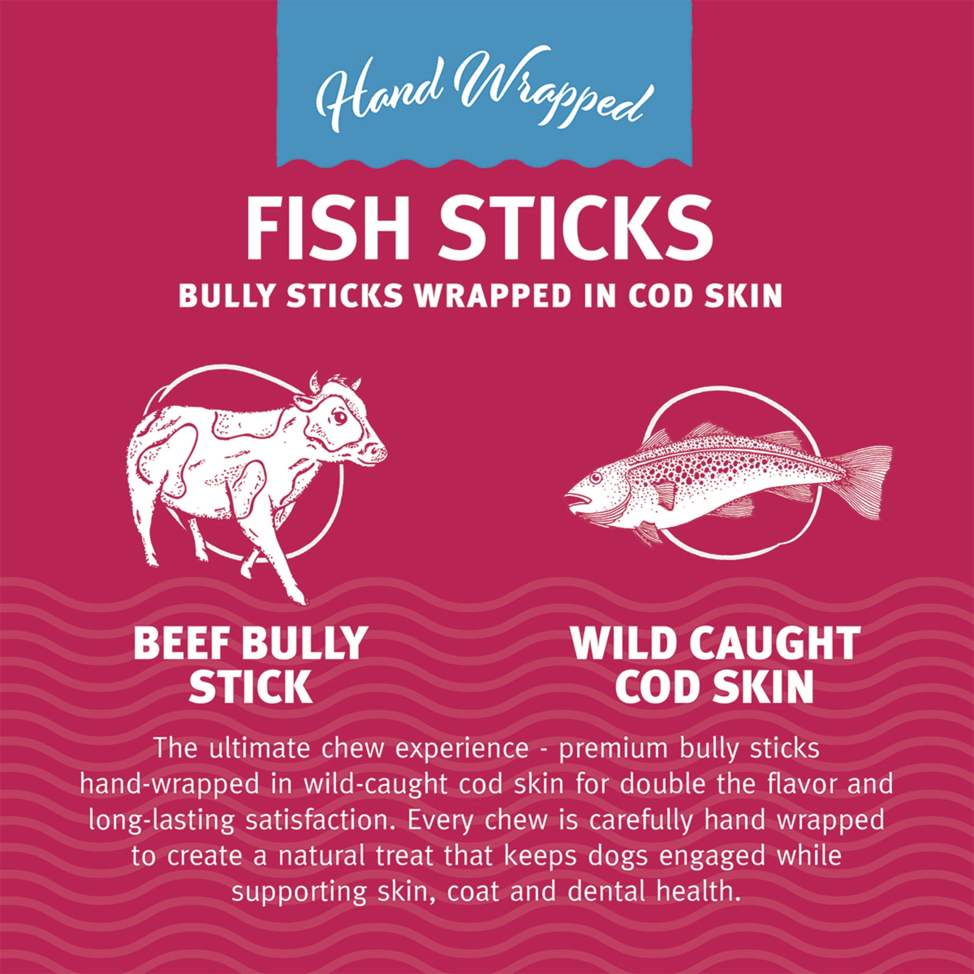Icelandic+ Fish Sticks - Bully Stick Wrapped In Cod Skin - 5 Pack, 6" - Dog Treats, 2 Ingredient Chews, Hand-Wrapped Wild-Caught Fish, Pet Snacks