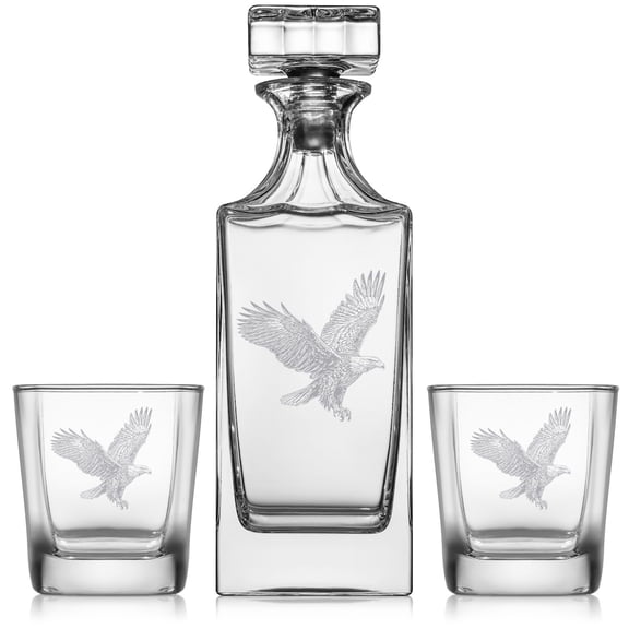 Whiskey Decanter Gift Set With 2 Whiskey Old Fashioned Rocks Glasses Bald Eagle