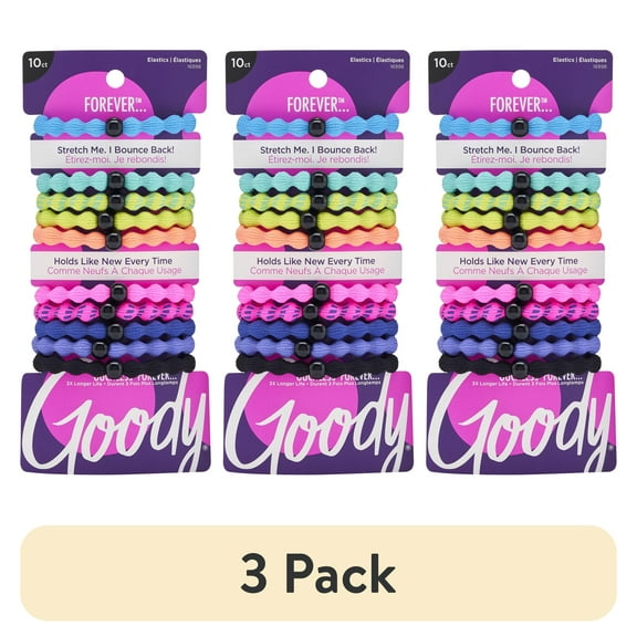 (3 pack) Goody Ouchless Forever Hair Elastics, Small Ponytail Holder, Multicolor Neon, 10 Ct