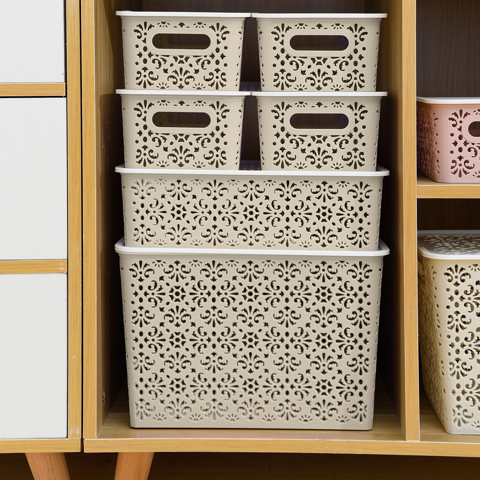 ANMINY Lace-Design Storage Bins, 6 ct, Beige