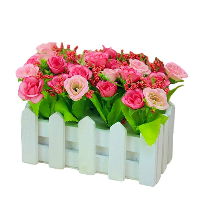 Fence Pot Artificial Rose Flowers Floral Decor Artificial Rose Cloth Simulation Flower Home Wedding Fake Floral Decor, Pink