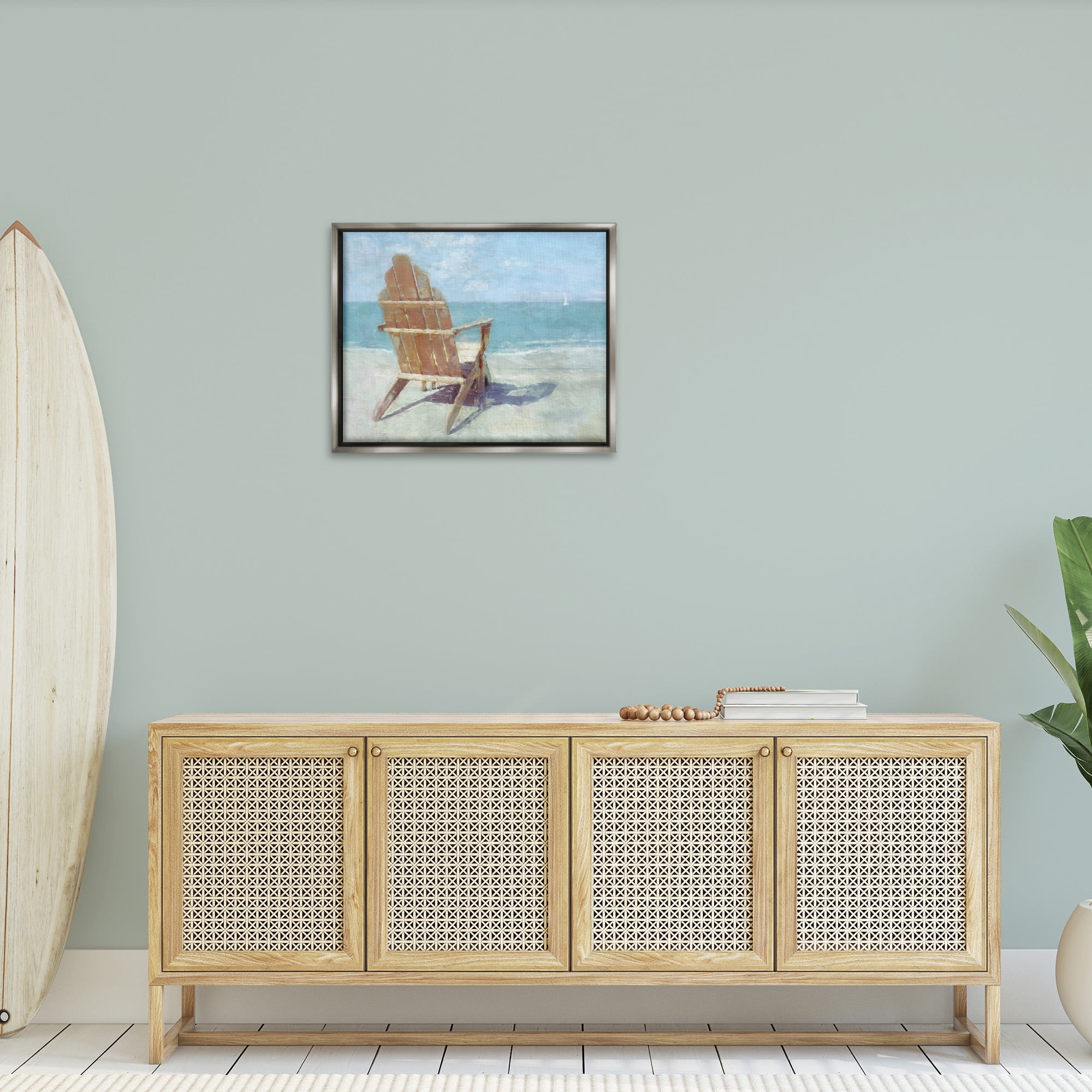 Stupell Industries Chair with Sailboat View Landscape Painting Gray Floater Framed Canvas Art Print Wall Art, 31 x 25